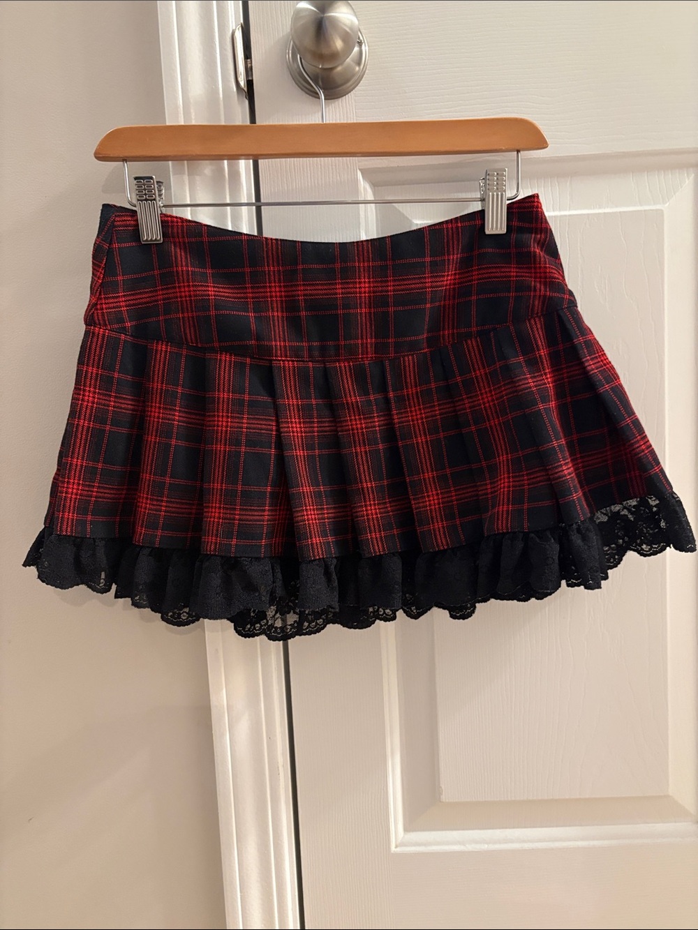 Dolls Kill Red and Black Plaid Pleated Mini Skirt with Lace Hem - Picture 1 of 6